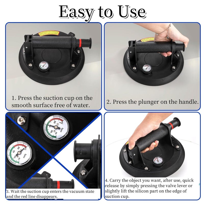 Goaste 2 Pack 8" Glass Suction Cups, 440 lbs Load Capacity, Vacuum Glass Lifter with Pressure Gauge, Heavy Duty Industrial Tile Suction Cup Tools for Windshield, Granite, Marble - Image 5